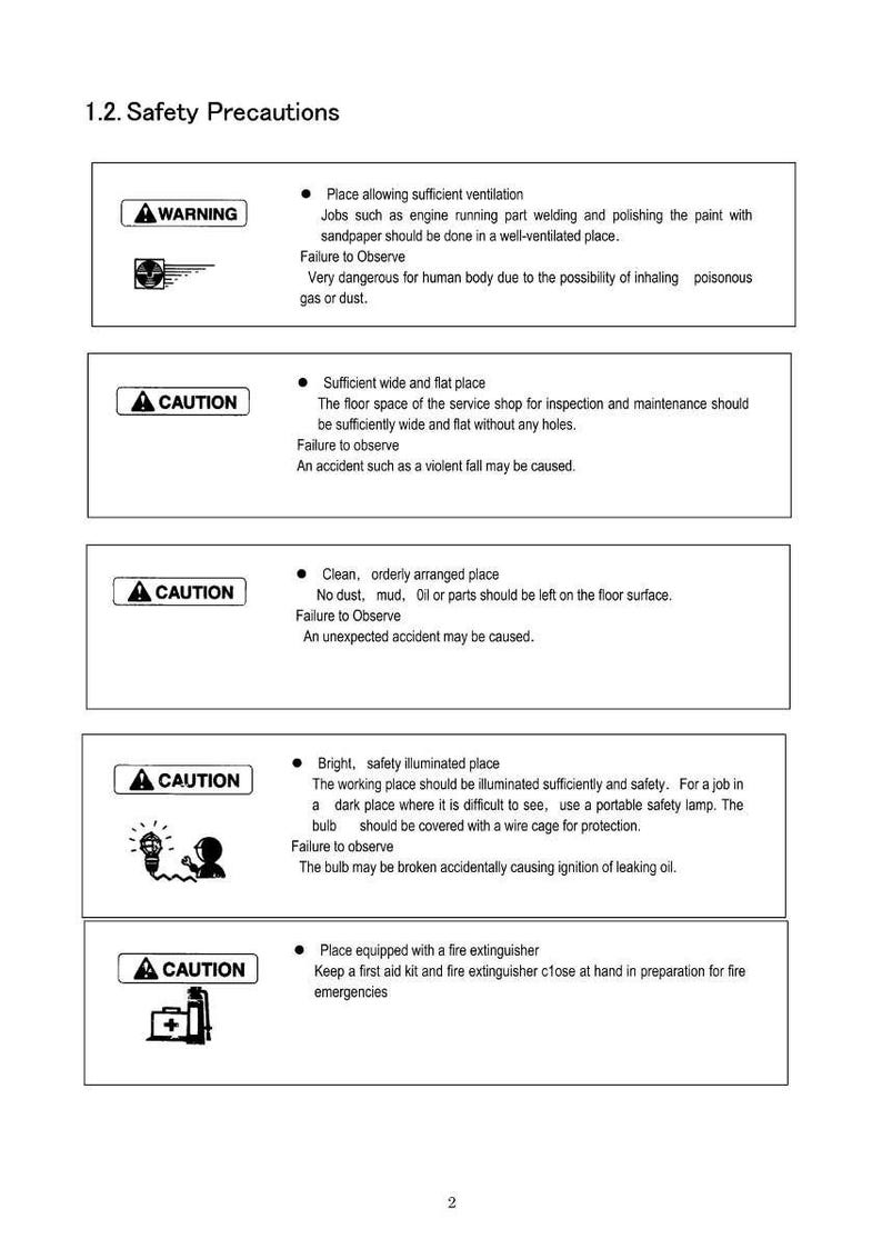 May include: A page from a manual titled "1.2. Safety Precautions" with safety guidelines. The page includes warning and caution symbols with corresponding safety instructions. The text is in black font on a white background.