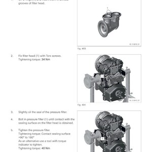 May include: Diagram showing engine assembly steps. Includes instructions for installing O-rings, fixing the filter head with Torx screws, and tightening the pressure filter. Tightening torque is specified in Nm.