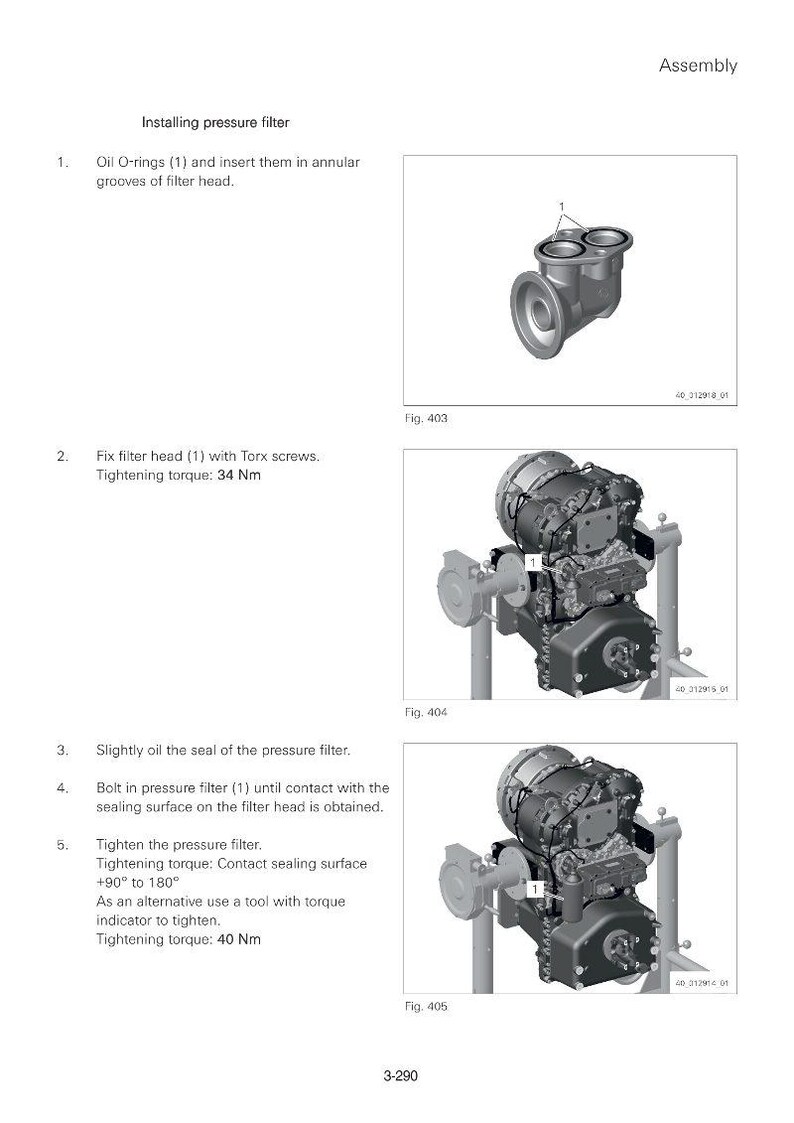 May include: Diagram showing engine assembly steps. Includes instructions for installing O-rings, fixing the filter head with Torx screws, and tightening the pressure filter. Tightening torque is specified in Nm.