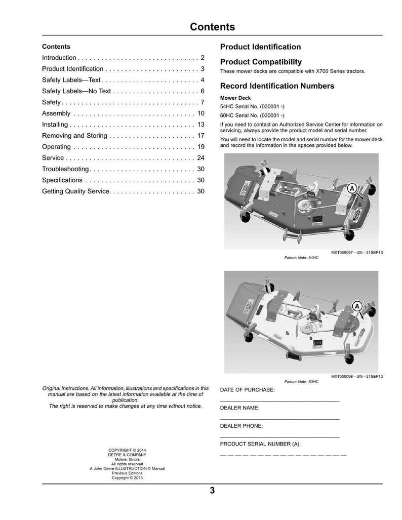 May include: A page from a manual with the title "Contents" and sections on product identification, safety, assembly, and service. Includes diagrams of mower decks and spaces to record serial numbers.