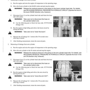 May include: A page from a Komatsu manual, detailing how to measure oil leakage from boom and arm cylinders. The text is in black, with diagrams and warnings. The manual's title is "Measuring Oil Leakage".