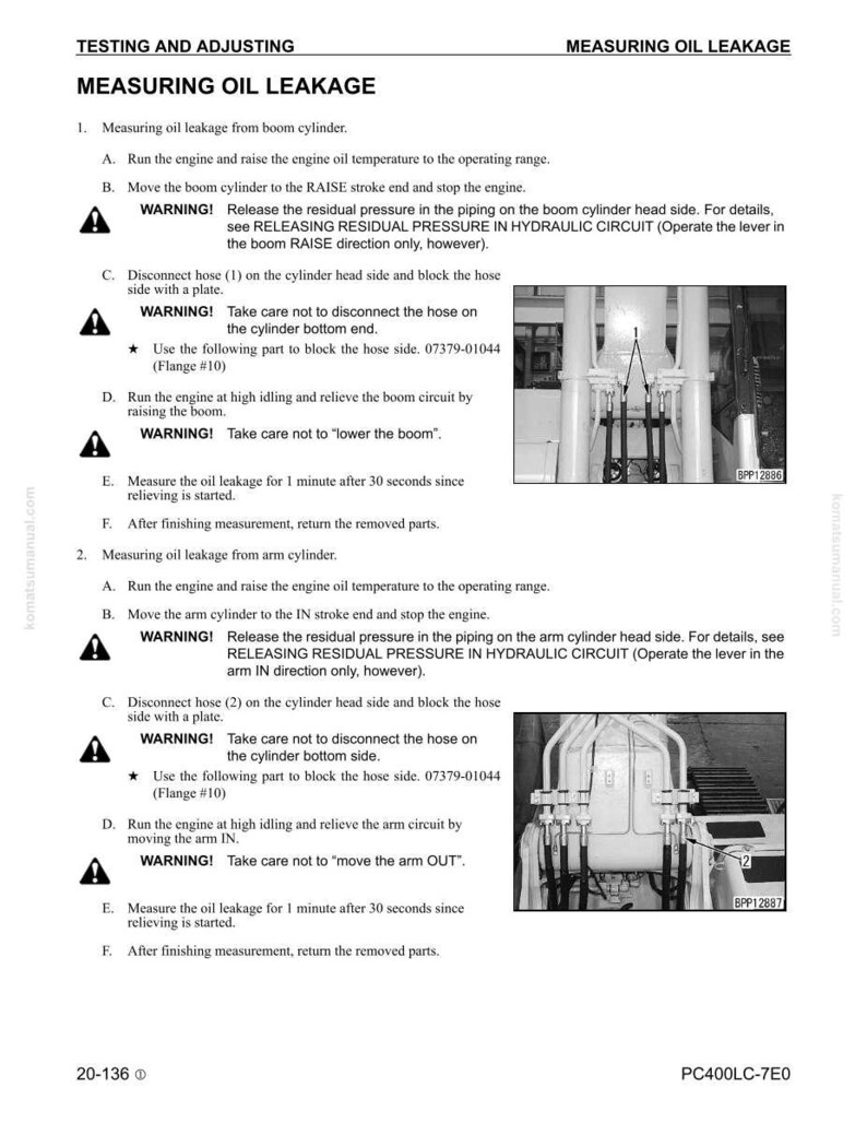 May include: A page from a Komatsu manual, detailing how to measure oil leakage from boom and arm cylinders. The text is in black, with diagrams and warnings. The manual's title is "Measuring Oil Leakage".