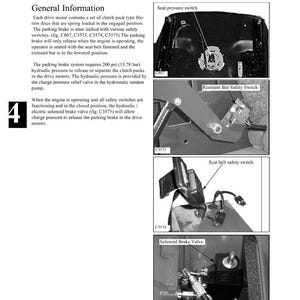 May include: Diagram of a parking brake system, labeled "PARKING BRAKE 4.6." Includes illustrations of a seat pressure switch, restraint bar safety switch, seat belt safety switch, and solenoid brake valve. Text provides general information and technical details.
