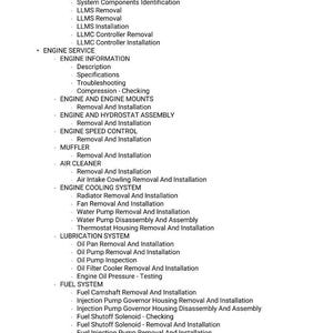 May include: A detailed list of engine service procedures, including calibration, removal, and installation instructions. The text is organized into sections such as engine service, cooling system, and fuel system, with multiple sub-items.