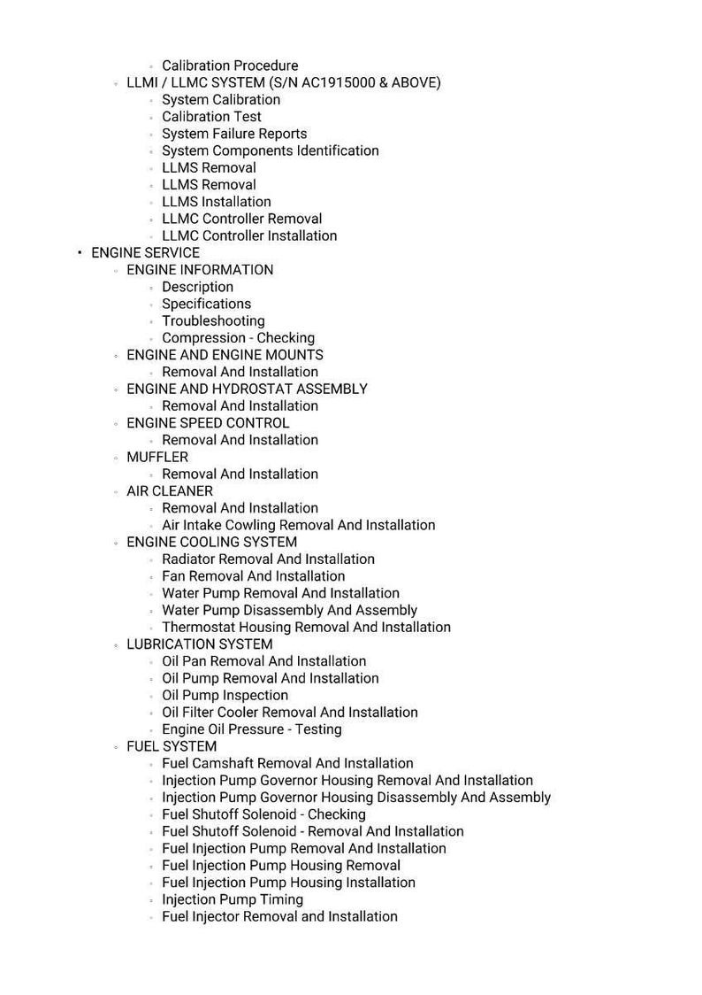 May include: A detailed list of engine service procedures, including calibration, removal, and installation instructions. The text is organized into sections such as engine service, cooling system, and fuel system, with multiple sub-items.