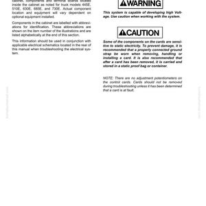 May include: A technical manual page titled "ELECTRICAL CONTROL CABINET" with warnings about high voltage and static electricity. The page includes text, diagrams, and safety instructions for electrical components.