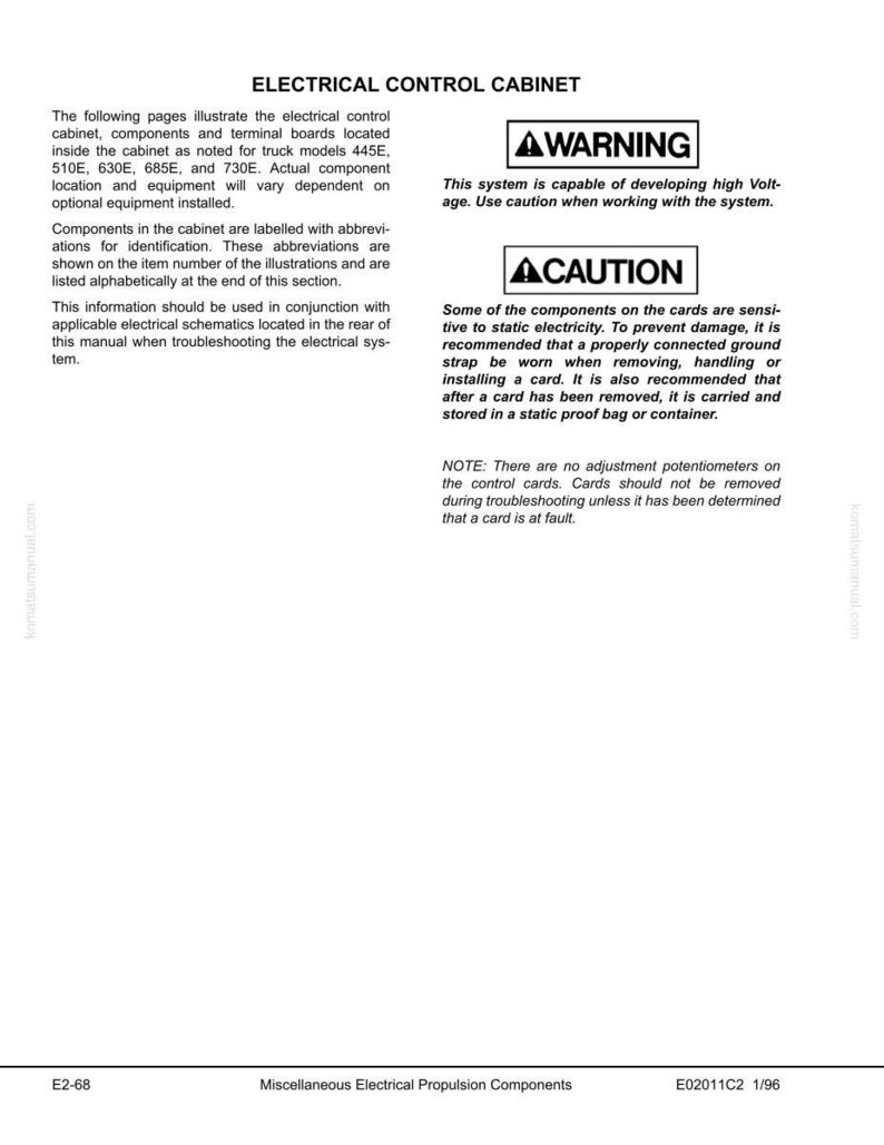May include: A technical manual page titled "ELECTRICAL CONTROL CABINET" with warnings about high voltage and static electricity. The page includes text, diagrams, and safety instructions for electrical components.