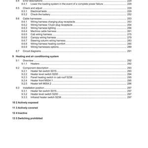 May include: A detailed contents page from a manual, listing technical components and systems. The document covers wiring harnesses, heating, air conditioning, and electrical tests. The text is black on a white background, with page numbers on the right.