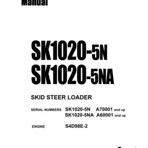 K&ouml;nnte beinhalten: Ein wei&szlig;es Shop-Handbuch-Cover mit schwarzem Text. Der Titel "Shop Manual" steht oben, gefolgt von "SK1020-5N" und "SK1020-5NA". Darunter steht "SKID STEER LOADER". Das Komatsu-Logo befindet sich unten.