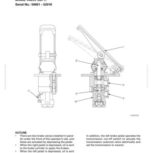 May include: Diagram of a brake valve assembly, labeled "BRAKE VALVE (LEFT)" with serial number 50001-52018. The image is a technical illustration with cross-sections and labels, showing the internal components and function.