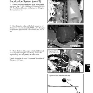 May include: Diagram of engine maintenance instructions. The text reads "ENGINE MAINTENANCE 7.1" and includes steps for oil changes, checking for leaks, and using the oil dipstick. Images show engine components.