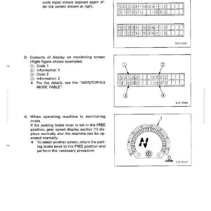 Puede incluir: Diagrama t&eacute;cnico con texto e ilustraciones. El diagrama incluye ejemplos de pantallas de visualizaci&oacute;n con datos num&eacute;ricos y un indicador con el s&iacute;mbolo 'N'. El texto incluye instrucciones sobre el control y ajuste de las funciones de la m&aacute;quina.