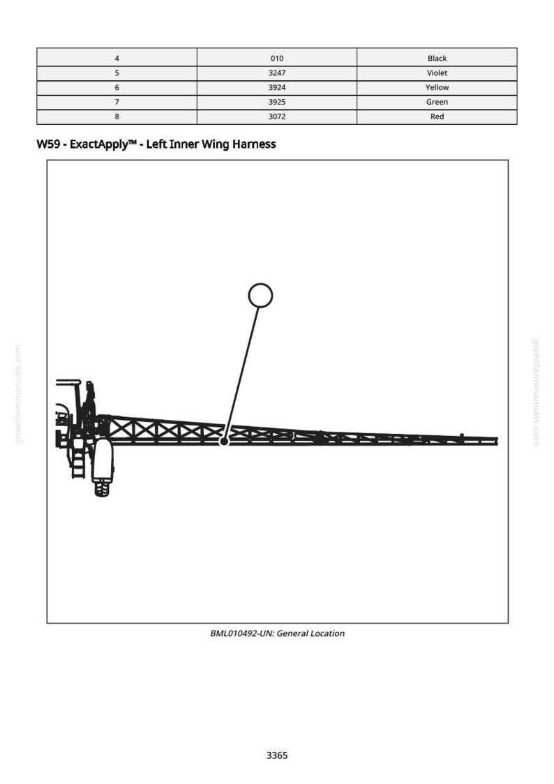 May include: Diagram of the W59 - ExactApply&trade; - Left Inner Wing Harness. The image includes a table with color codes and a detailed illustration of the harness, with a line extending to a circle.