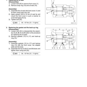 May include: Diagram of a hydraulic pump disassembly and assembly process. The image includes detailed instructions and diagrams for replacing the oil seal and gasket, with measurements in Newton meters and kilogram-force meters.