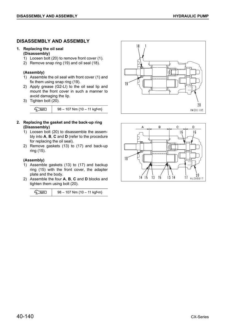 May include: Diagram of a hydraulic pump disassembly and assembly process. The image includes detailed instructions and diagrams for replacing the oil seal and gasket, with measurements in Newton meters and kilogram-force meters.