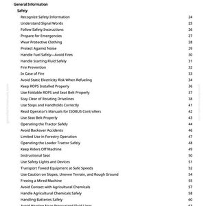 May include: A white page with a black table of contents for a manual. The table lists safety topics like "Wear Protective Clothing" and "Avoid Static Electricity Risk When Refueling". Page numbers are listed on the right.