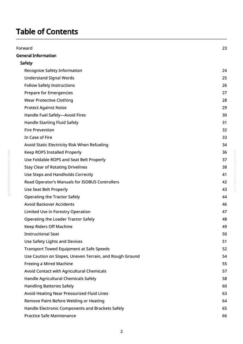 May include: A white page with a black table of contents for a manual. The table lists safety topics like "Wear Protective Clothing" and "Avoid Static Electricity Risk When Refueling". Page numbers are listed on the right.