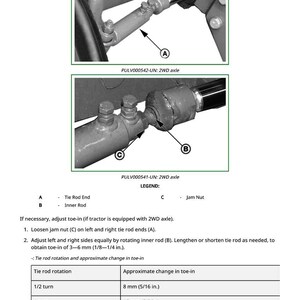 Op de afbeelding: Diagram van tractor as-onderdelen, inclusief stuurstang (A), binnenstang (B) en borgmoer (C). Instructies voor het afstellen van de toespoor, met metingen in millimeters. Tekst: "PULV000542-UN: 2WD axle."