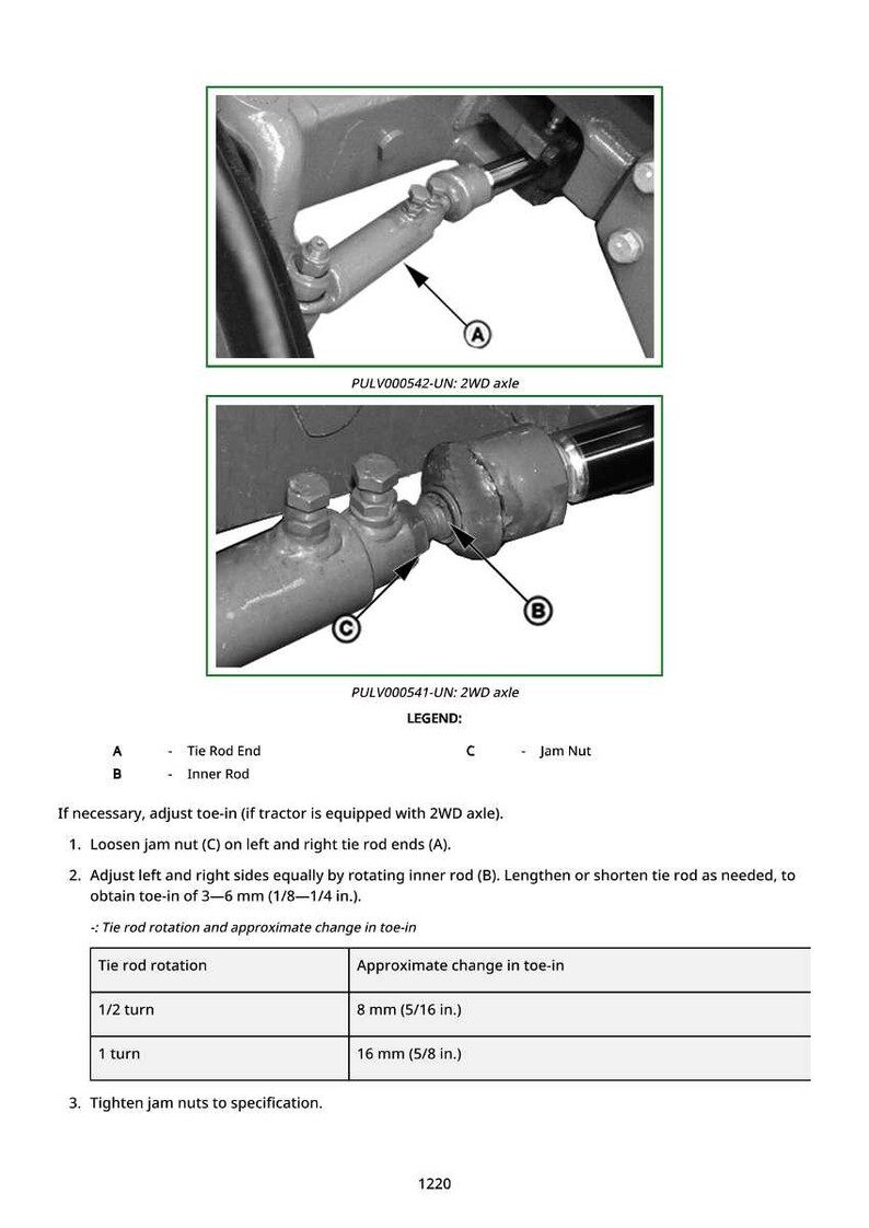 Op de afbeelding: Diagram van tractor as-onderdelen, inclusief stuurstang (A), binnenstang (B) en borgmoer (C). Instructies voor het afstellen van de toespoor, met metingen in millimeters. Tekst: "PULV000542-UN: 2WD axle."