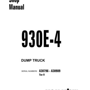 K&ouml;nnte beinhalten: Ein wei&szlig;es Shop-Handbuch-Cover mit schwarzem Text. Der Titel "Shop Manual" steht oben, gefolgt von "930E-4" in gro&szlig;er, fetter Schrift. Darunter steht "DUMP TRUCK". Das Komatsu-Logo befindet sich unten.