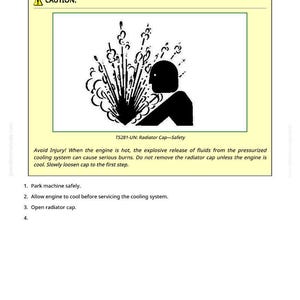 May include: A safety diagram with the text "Remove and Install Thermostat" and a caution symbol. The image shows an explosion graphic with a silhouetted figure. Text warns of burns from pressurized fluids.