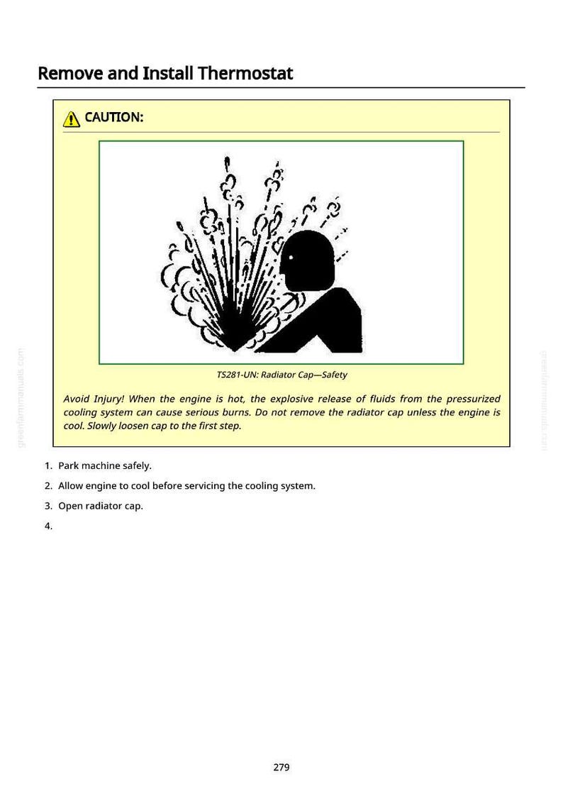 May include: A safety diagram with the text "Remove and Install Thermostat" and a caution symbol. The image shows an explosion graphic with a silhouetted figure. Text warns of burns from pressurized fluids.