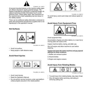 May include: A page from an operator's manual with safety labels and warnings. The labels use pictograms to illustrate potential hazards, including hot surfaces, hand injuries, and rotating blades. The text provides instructions to avoid injury.