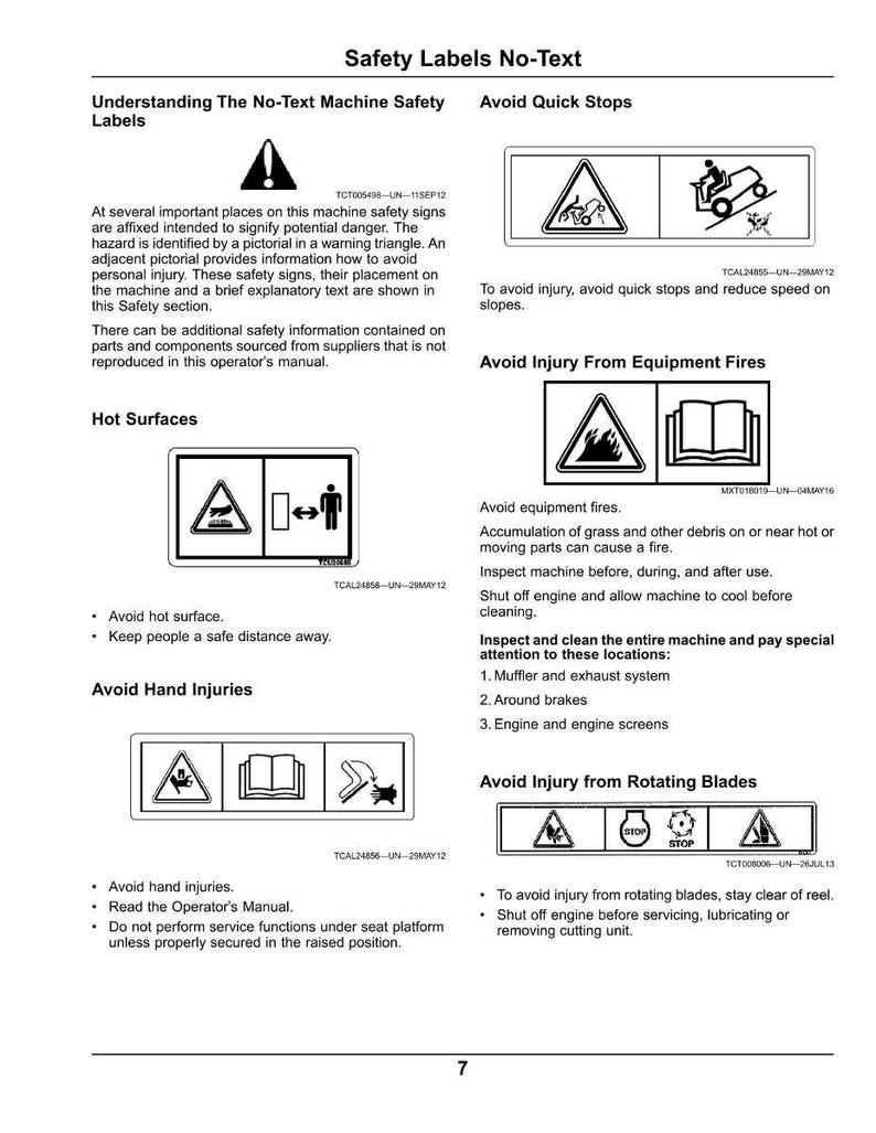 May include: A page from an operator's manual with safety labels and warnings. The labels use pictograms to illustrate potential hazards, including hot surfaces, hand injuries, and rotating blades. The text provides instructions to avoid injury.