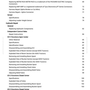 May include: A white page from a manual with a list of technical terms and specifications related to hydraulic repair, sensors, and electrical circuits. The page includes section titles and page numbers.