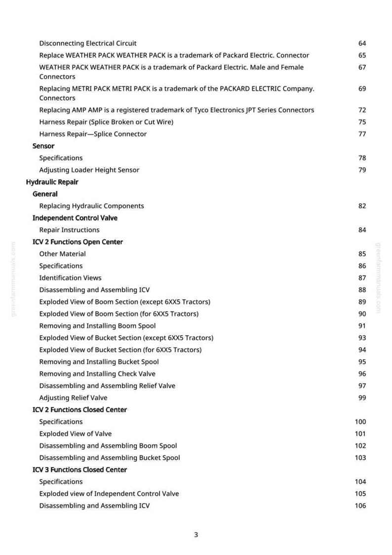 May include: A white page from a manual with a list of technical terms and specifications related to hydraulic repair, sensors, and electrical circuits. The page includes section titles and page numbers.