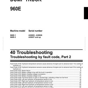 May include: A shop manual page for a Komatsu Dump Truck 960E. The document provides troubleshooting information by fault code, covering hydraulic temperature sensors, battery voltage, and fuel level sensors. The Komatsu logo is at the bottom.