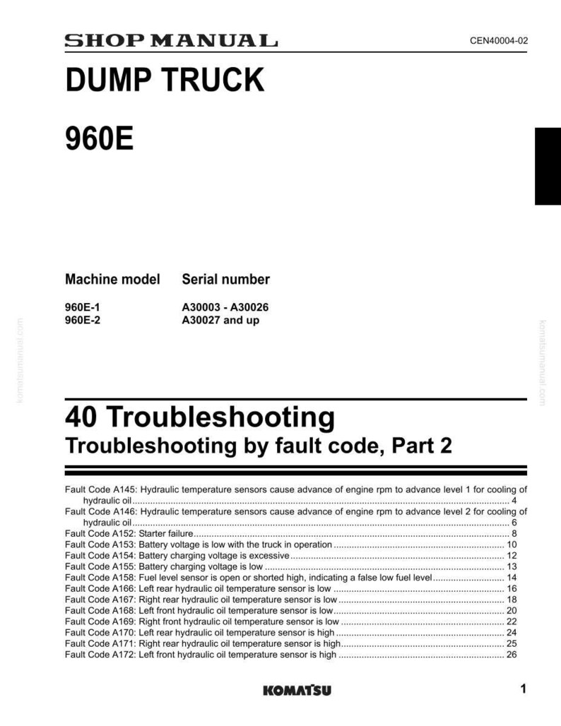 May include: A shop manual page for a Komatsu Dump Truck 960E. The document provides troubleshooting information by fault code, covering hydraulic temperature sensors, battery voltage, and fuel level sensors. The Komatsu logo is at the bottom.