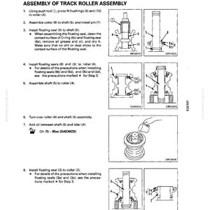 Puede incluir: Un diagrama t&eacute;cnico de un manual que detalla el montaje de un conjunto de rodillo de oruga. La p&aacute;gina incluye instrucciones paso a paso con ilustraciones adjuntas, incluido el uso de herramientas y la adici&oacute;n de aceite.