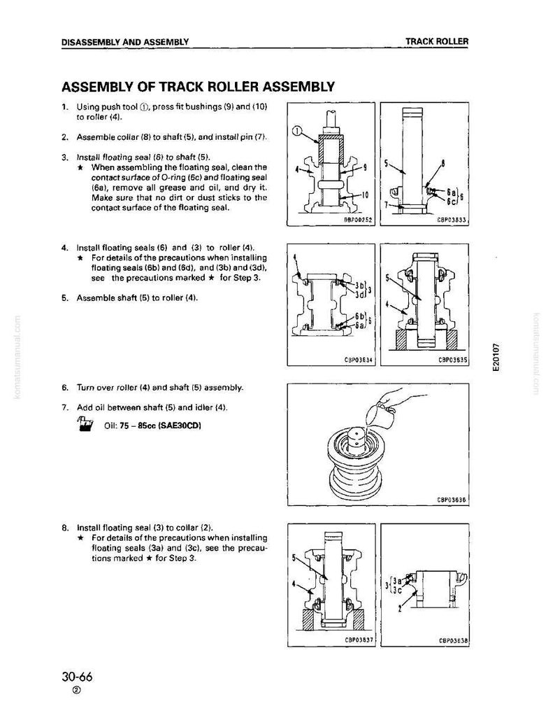 Puede incluir: Un diagrama t&eacute;cnico de un manual que detalla el montaje de un conjunto de rodillo de oruga. La p&aacute;gina incluye instrucciones paso a paso con ilustraciones adjuntas, incluido el uso de herramientas y la adici&oacute;n de aceite.