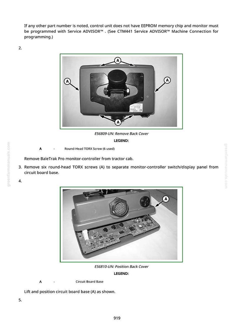 May include: Diagram of a monitor-controller with labels and arrows, showing the removal and positioning of the back cover and circuit board base. Includes text and part numbers.