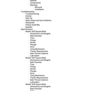 May include: A white document with a list of topics related to agricultural machinery, including "Plunger Slot Knife Sharpening," "Bale Thrower Option," and specifications for square balers.