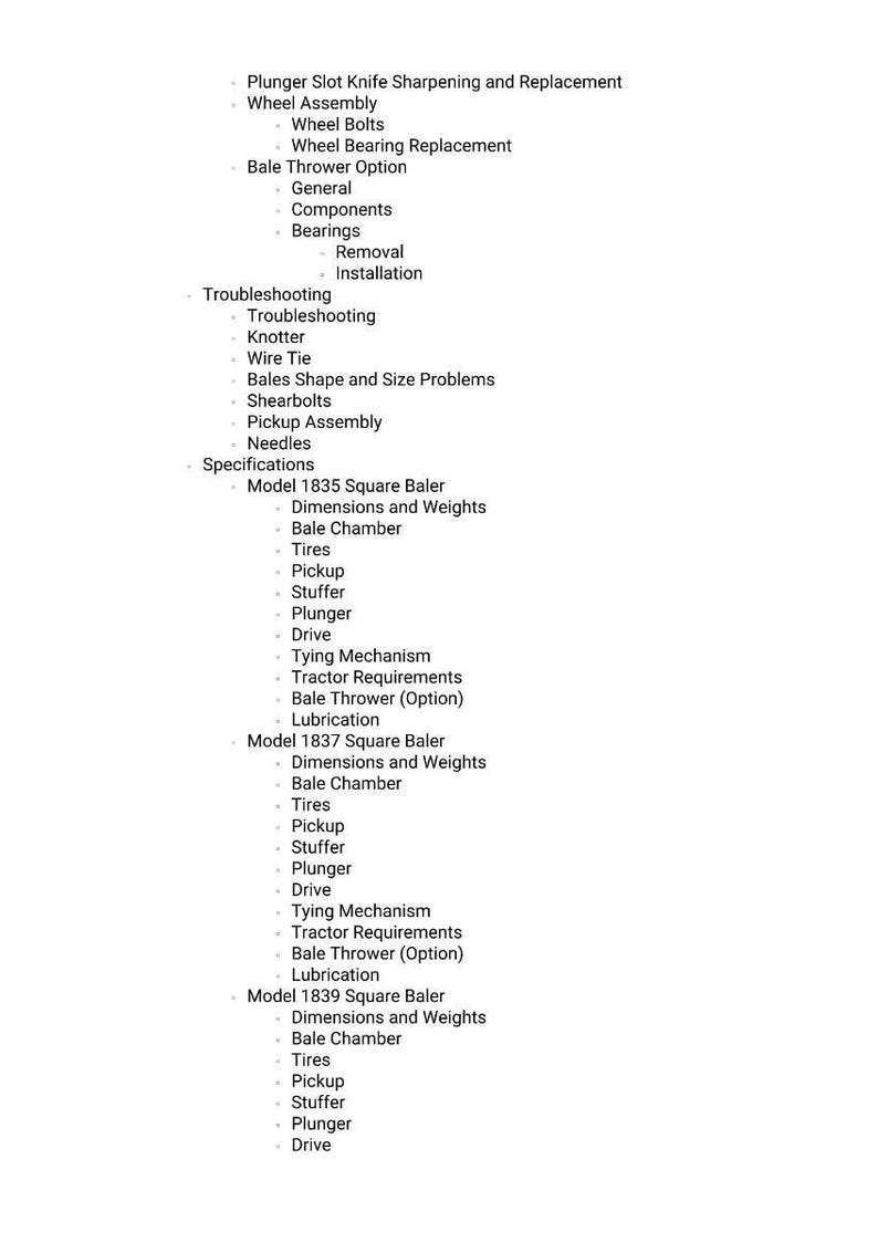 May include: A white document with a list of topics related to agricultural machinery, including "Plunger Slot Knife Sharpening," "Bale Thrower Option," and specifications for square balers.