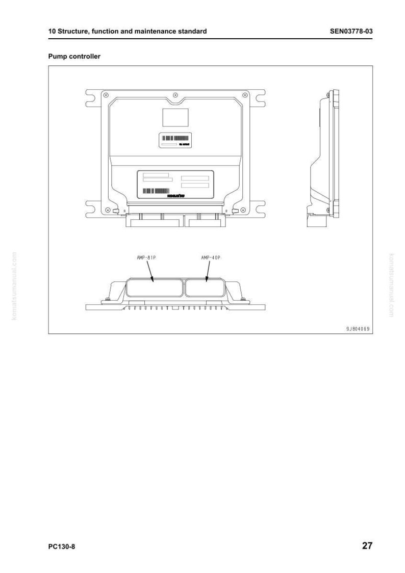 May include: Diagram of a pump controller, showing front, side, and bottom views. The image includes labels such as "AMP-81P" and "AMP-40P". Text at the top reads "10 Structure, function and maintenance standard" and "Pump controller".