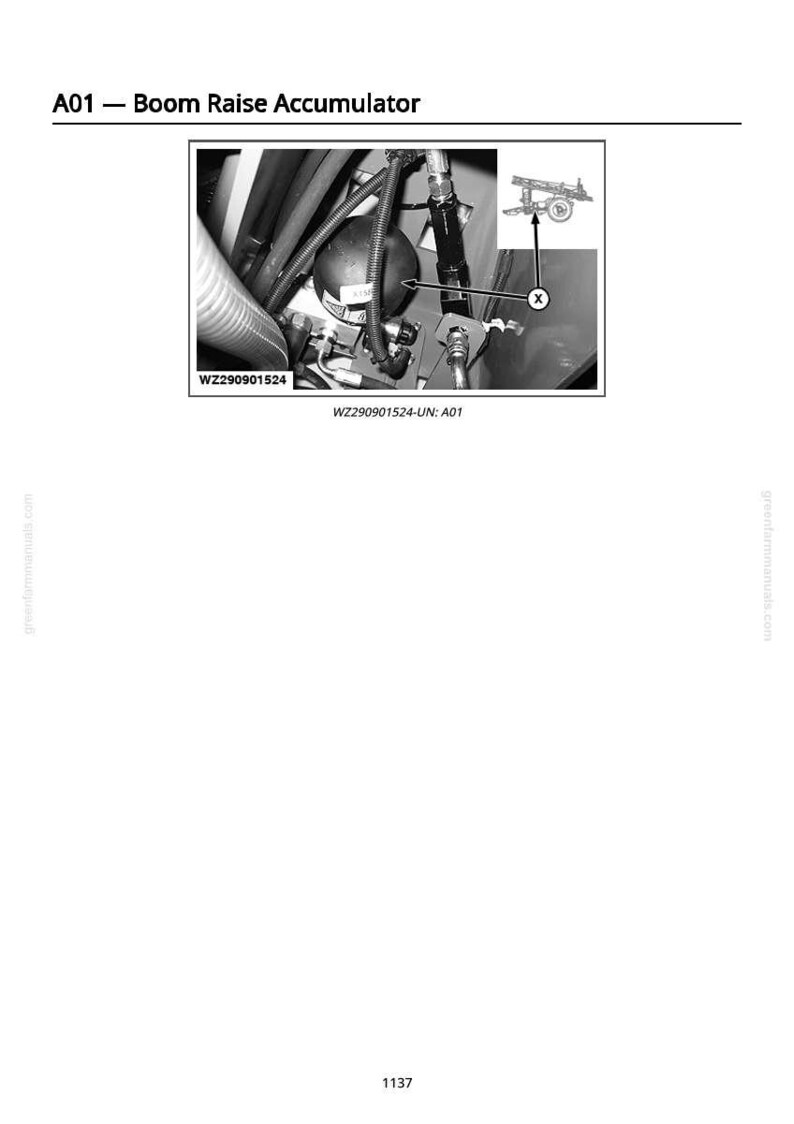 May include: Black and white diagram of a boom raise accumulator, a part of heavy machinery. The image includes the text "A01 - Boom Raise Accumulator" and "WZ290901524".