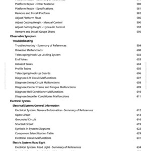 May include: A page from a manual with a table of contents. The text includes sections on platform repair, troubleshooting, and electrical systems. Page numbers are visible on the right side of the page.