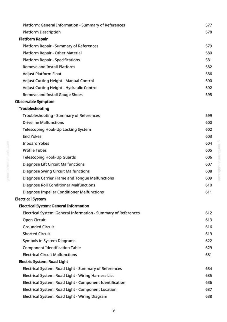 May include: A page from a manual with a table of contents. The text includes sections on platform repair, troubleshooting, and electrical systems. Page numbers are visible on the right side of the page.