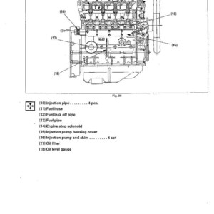 May include: Diagram of an engine's external parts, labelled with numbers and descriptions. Includes injection pipes, fuel hoses, fuel leak off pipe, fuel pipe, engine stop solenoid, injection pump housing cover, oil filter, and oil level gauge.