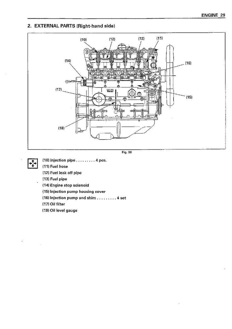 May include: Diagram of an engine's external parts, labelled with numbers and descriptions. Includes injection pipes, fuel hoses, fuel leak off pipe, fuel pipe, engine stop solenoid, injection pump housing cover, oil filter, and oil level gauge.