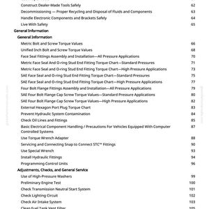 May include: A detailed table of contents from a manual, featuring a list of automotive maintenance and repair topics. The text includes sections on safety, general information, and specific procedures like torque values and hydraulic fittings.