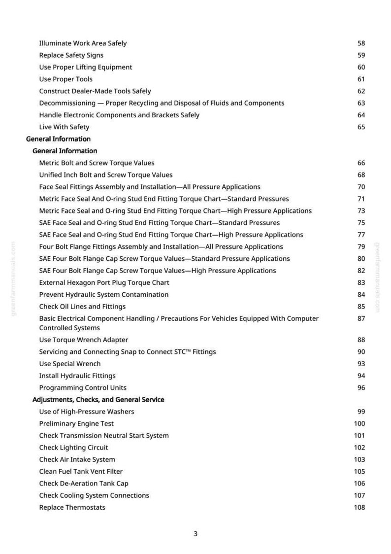 May include: A detailed table of contents from a manual, featuring a list of automotive maintenance and repair topics. The text includes sections on safety, general information, and specific procedures like torque values and hydraulic fittings.