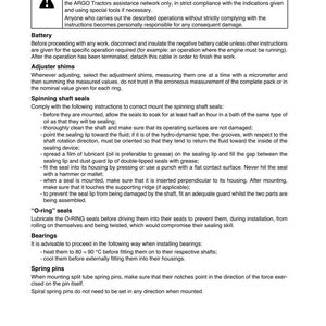 May include: A page from a manual with the title "GENERAL INSTRUCTIONS". The text details instructions for battery maintenance, adjuster shims, spinning shaft seals, O-ring seals, bearings, and spring pins. Includes a warning symbol.