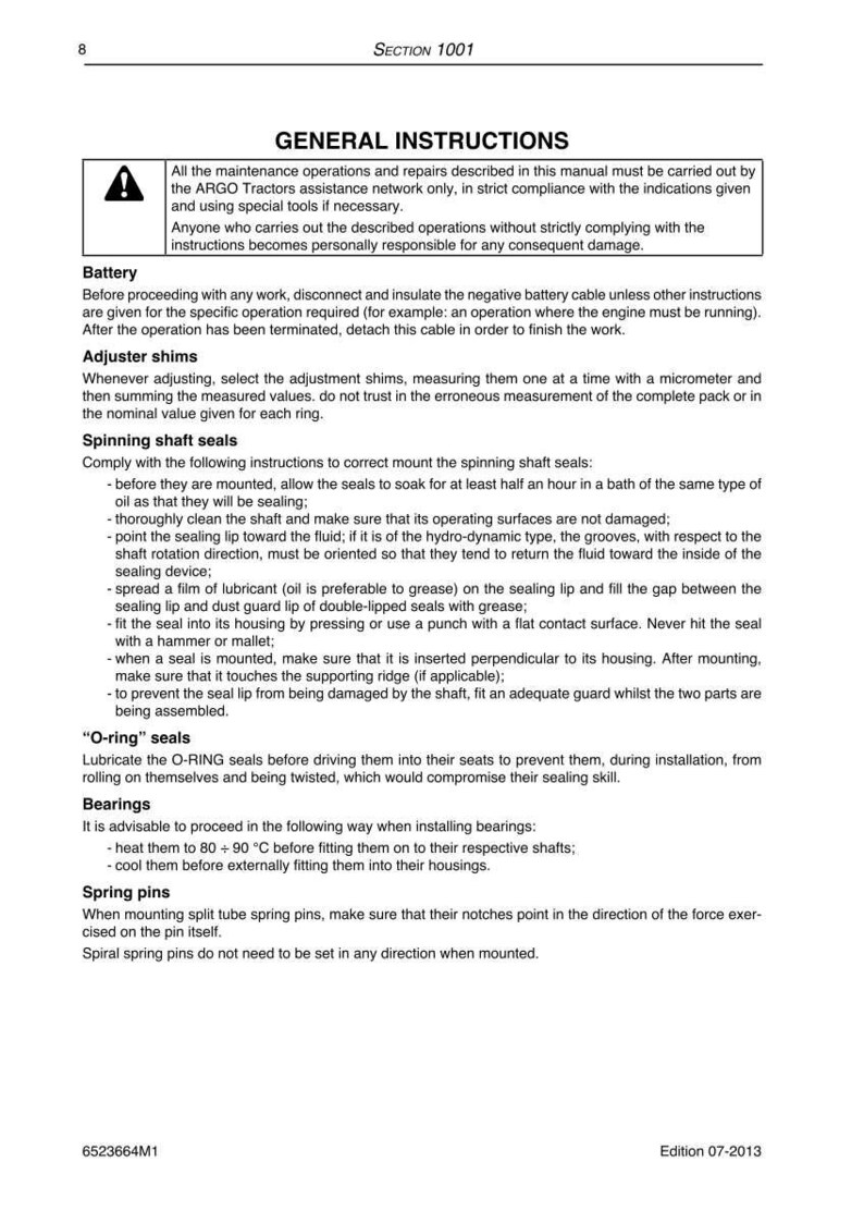May include: A page from a manual with the title "GENERAL INSTRUCTIONS". The text details instructions for battery maintenance, adjuster shims, spinning shaft seals, O-ring seals, bearings, and spring pins. Includes a warning symbol.