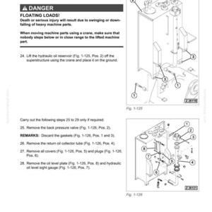 Op de afbeelding: Diagram van hydraulische componenten met labels en onderdeelnummers. Bevat een waarschuwing over zwevende lasten en instructies voor het verwijderen van onderdelen. Figuren 1-125 en 1-126 illustreren de componenten. Het diagram komt uit een Superstructure-handleiding.