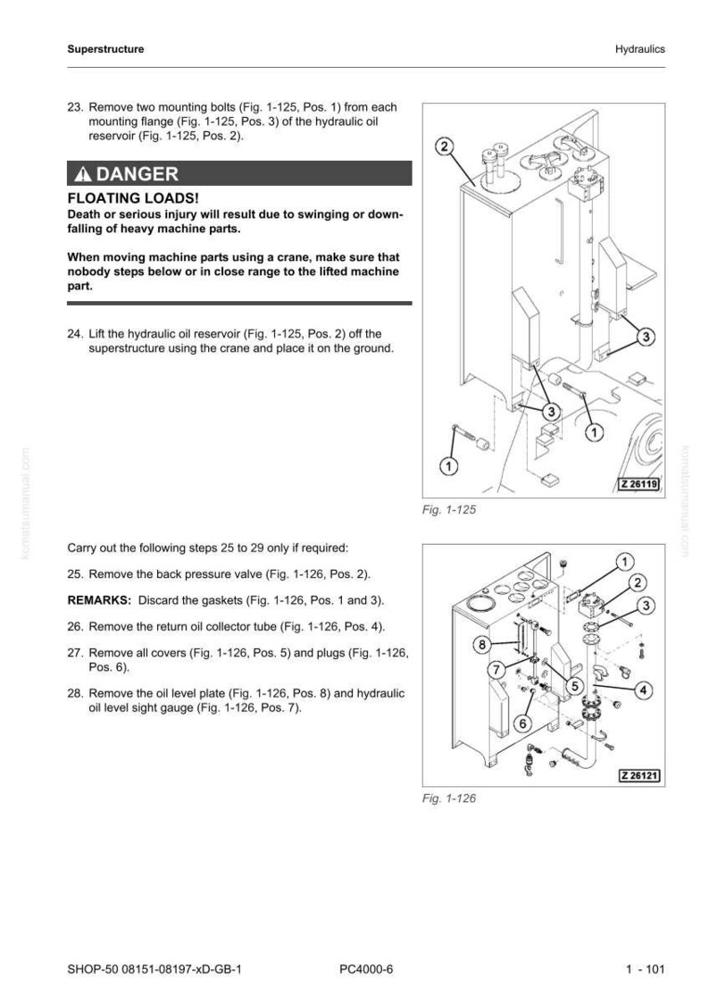 Op de afbeelding: Diagram van hydraulische componenten met labels en onderdeelnummers. Bevat een waarschuwing over zwevende lasten en instructies voor het verwijderen van onderdelen. Figuren 1-125 en 1-126 illustreren de componenten. Het diagram komt uit een Superstructure-handleiding.
