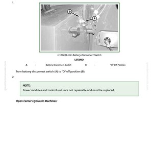May include: Image from a manual showing the removal and installation of power modules and control units. The image includes a close-up of a battery disconnect switch and text instructions. The text includes the legend and instructions.